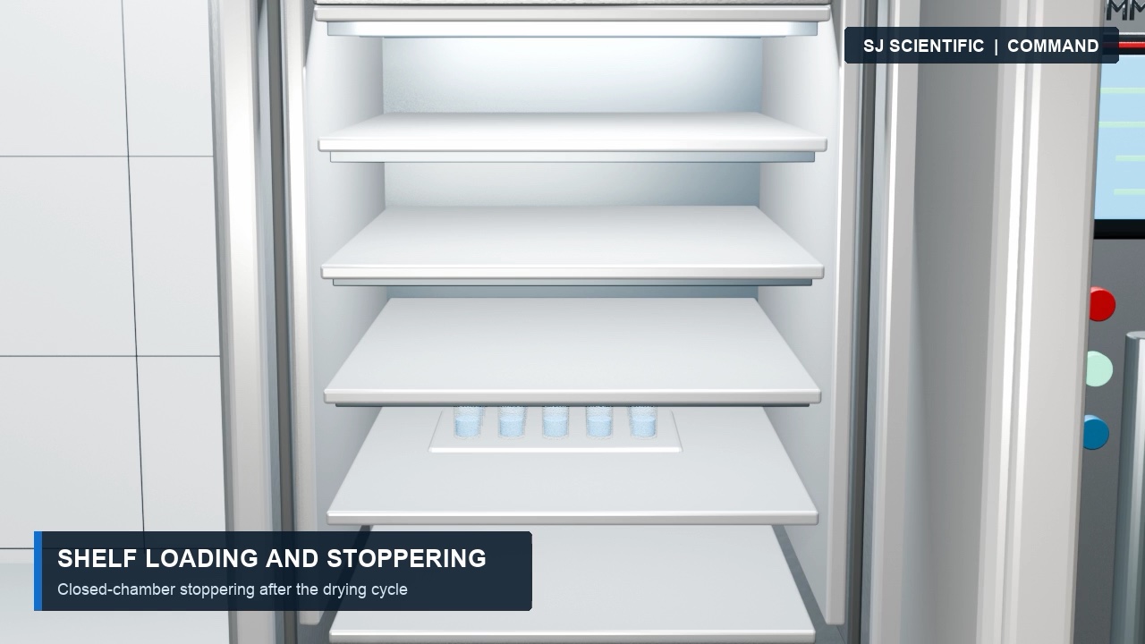 3D process illustration of partially stoppered vials on a tray entering a Command Flexible lyophilizer shelf stack